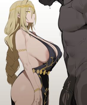 1boy 1girl absurdres animal_penis areola_slip armlet bare_shoulders belly_chain black_dress blonde_hair bracelet braid braided_ponytail breasts choker circlet cleavage covered_erect_nipples dress elden_ring elden_ring:_shadow_of_the_erdtree girthy_penis glowing glowing_eyes gold_circlet highres horse_penis jewelry large_areolae large_breasts long_hair penis queen_marika_the_eternal sideboob sweat toma_(toma50) uncensored yellow_eyes