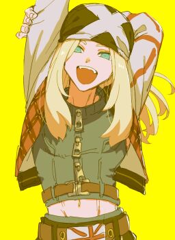 1boy aqua_eyes arm_behind_head arm_up axl_low bandana belt belt_buckle blonde_hair blue_shirt brown_belt buckle collared_shirt cowboy_shot fangs groin guilty_gear guilty_gear_strive highres jacket kometubu0712 long_hair long_sleeves looking_at_viewer male_focus midriff navel open_mouth patterned_clothing shirt simple_background solo teeth union_jack yellow_background zipper_pull_tab