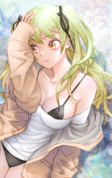 1girl bikini bikini_under_clothes black_bikini breasts commentary_request green_hair hair_ribbon highres jacket large_breasts long_hair looking_to_the_side open_clothes open_jacket orange_eyes original ribbon solo swimsuit two_side_up yui_toshiki