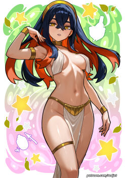 1girl ancient_egyptian armlet black_hair bracelet breast_curtains carmine_(pokemon) colored_inner_hair commentary_request hair_between_eyes hairband highres jewelry leaf long_hair looking_at_viewer mixed-language_commentary multicolored_hair navel nintendo parted_lips pelvic_curtain pokemon pokemon_sv red_hair redjet solo star_(symbol) stomach thighlet yellow_eyes yellow_hairband