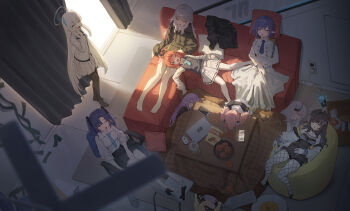 6+girls absurdres aiguillette animal_ears aoi_(blue_archive) bag_of_chips barefoot belt_collar black_camisole black_hair black_hoodie black_horns black_jacket black_pantyhose black_shorts black_socks black_sweater_vest blue_archive blue_eyes blue_hair blue_halo blue_horns blue_necktie blue_skirt blush bottle box braid breasts brown_hair buttons camisole cellphone chair charger charging_device closed_eyes clothes_on_chair collar collared_shirt computer couch crossed_hands cup curtained_hair curtains cushion demon_horns disposable_cup dog_ears drinking_straw electrical_outlet epaulettes eye_mask feet_on_chair fishnet_pantyhose fishnets food fruit halo hand_up hands_on_own_legs hare_(blue_archive) hibiki_(blue_archive) high-waist_shorts high-waist_skirt highres hood hoodie horns indoors instant_cup_noodles jacket jacket_partially_removed kokukyukeo kotama_(blue_archive) kotatsu laptop leaning_forward long_hair lying maki_(blue_archive) mandarin_orange mask millennium_science_school_logo momoka_(blue_archive) mousepad_(object) multicolored_hair multicolored_horns multiple_girls necktie noa_(blue_archive) office_chair on_couch one_eye_closed open_mouth orange_peel pantyhose phone pink_hair pleated_skirt pointy_ears purple_hair red_hair red_halo shirt short_hair shorts sidelighting sidelocks sitting skirt sleeping sleeves_rolled_up smartphone smile socks squeans sumomo_(blue_archive) sunlight sweater_vest swivel_chair table twintails two_side_up unworn_jacket unworn_socks utaha_(blue_archive) very_long_hair wavy_hair white_hair white_halo white_jacket white_shirt white_skirt yuuka_(blue_archive)