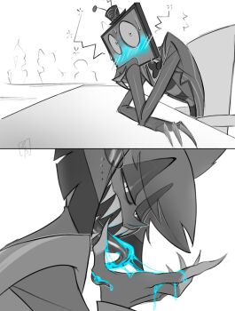 Rule 34 | 2boys, 3others, alastor (hazbin hotel), blush, commentary, debergerac art, demon boy, english commentary, formal clothes, hazbin hotel, hellaverse, highres, licking, licking cum, long tongue, looking at another, multiple boys, multiple others, sitting, slit pupils, suit, tongue, tongue out, vox (hazbin hotel)