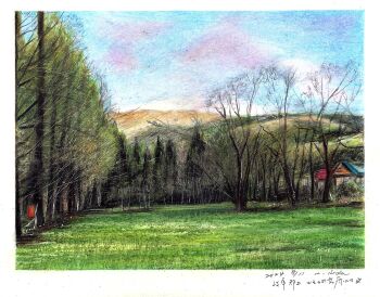 baden_hiroshi bare_tree blue_sky border colored_pencil_(medium) commentary_request dated day field highres hill landscape no_humans original outdoors sky traditional_media tree white_border