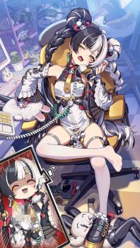 1girl absurdres anger_vein bangboo_(zenless_zone_zero) black_gloves black_hair black_shoes censored china_dress chinese_clothes commentary dialyn_(zenless_zone_zero) double_bun dress english_commentary gloves hair_bun highres holding indoors kaito_(k4itoh) long_hair long_sleeves mosaic_censoring multicolored_hair multiple_views partially_fingerless_gloves second-party_source shoes single_shoe sitting split-color_hair thighhighs two-tone_hair white_dress white_hair white_thighhighs zenless_zone_zero