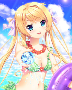 1girl 33paradox bikini blonde_hair blue_eyes bow breasts cleavage cloud collarbone day female_focus flower flower_necklace green_bikini hair_ribbon highres jewelry lei long_hair looking_at_viewer medium_breasts navel necklace ocean open_mouth outdoors purple_ribbon ribbon see-through_clothes smile solo swimsuit twintails water