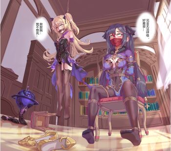 2girls absurdres arms_behind_back artist_request asphyxiation bdsm blonde_hair blush bondage bound feet female_focus full_body gag gagged hair_ornament hanged highres improvised_gag loli multiple_girls pantyhose peril restrained rolling_eyes rope soles tagme text_focus thigh_gap twintails