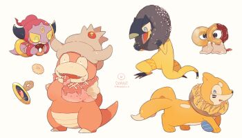 1other ^_^ akadako artist_name bags_under_eyes black_eyes black_horns blue_eyes bright_pupils buizel closed_eyes colored_sclera colored_skin donut english_text facial_mark fang fangs food forehead_mark full_body gen_2_pokemon gen_4_pokemon gen_6_pokemon gen_7_pokemon ghost_tail green_eyes grey_outline grin happy heliolisk highres holding holding_donut holding_food hoopa hoopa_(confined) horns in_food legendary_pokemon looking_down meltan mythical_pokemon nintendo one-eyed open_mouth outline pink_hair pokemon pokemon_(creature) ponytail purple_skin short_hair sideways_mouth signature simple_background slowking smile standing teeth twitter_username white_background white_pupils yellow_sclera