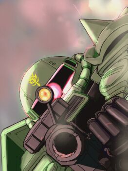 Rule 34 | aiming, aiming at viewer, commentary, drum magazine, gun, gundam, highres, holding, holding gun, holding weapon, looking at viewer, magazine (weapon), mecha, mecha focus, mobile suit, mobile suit gundam, moroboshi danshaku, no humans, pink eyes, robot, scope, weapon, zaku ii
