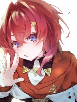 1girl ange_katrina ange_katrina_(1st_costume) blush cardigan commentary_request crossed_bangs hair_between_eyes hair_intakes hair_ornament hand_up highres komejirushi1021 long_sleeves looking_at_viewer medium_hair nijisanji off_shoulder open_mouth purple_eyes red_cardigan red_hair simple_background solo sweatdrop textless_version triangle_hair_ornament upper_body variant_set virtual_youtuber white_background