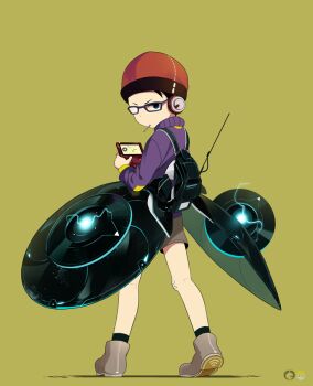 1boy backpack bag beanie black_hair blue-framed_eyewear blue_eyes boots brown_boots brown_shorts child commentary_request from_behind frown full_body glasses green_background handheld_game_console hat headphones holding holding_handheld_game_console long_sleeves looking_at_viewer looking_back male_focus noeyebrow_(mauve) original purple_sweater red_hat serious shorts simple_background solo standing sweater