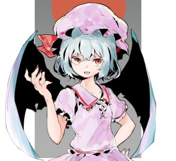 1girl :d bat_wings black_wings blue_hair collared_shirt commentary fangs fingernails frilled_shirt_collar frills hat jamir looking_at_viewer mob_cap open_mouth pink_hat pink_shirt puffy_short_sleeves puffy_sleeves red_eyes red_nails remilia_scarlet sharp_fingernails shirt short_hair short_sleeves smile solo touhou upper_body vampire wings