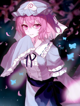1girl absurdres blue_hat blue_kimono cherry_blossoms closed_mouth commentary_request falling_petals frilled_kimono frills hat highres japanese_clothes kimono long_sleeves looking_at_viewer mob_cap neck_ribbon petals pink_eyes pink_hair pink_petals ribbon saigyouji_yuyuko sleeve_garter sleeves_past_fingers sleeves_past_wrists smile solo tomura_amane touhou triangular_headpiece wide_sleeves