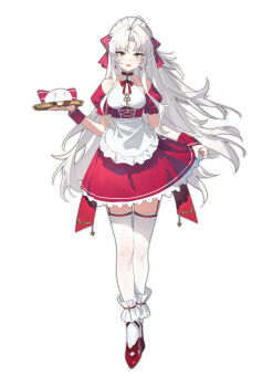1girl absurdres ahoge alternate_costume apron aqua_eyes aqua_nails bare_shoulders bow breasts carlotta_(wuthering_waves) commentary_request dress earrings enmaided feishi fingernails full_body hair_bow highres holding holding_tray jewelry long_hair looking_at_viewer maid medium_breasts nail_polish parted_bangs parted_lips pink_bow red_dress red_shoes shoes simple_background smile solo striped_bow tachi-e thighhighs thighs tray white_background white_hair white_thighhighs wuthering_waves