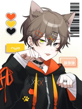 1boy :p alban_knox animal_collar animal_ear_fluff animal_ears barcode black_hoodie brown_hair cat_ears collar commentary_request green_eyes grey_eyes hair_ornament heart heterochromia highres hood hoodie long_sleeves looking_at_viewer male_focus nail_polish nana72710193 nijisanji nijisanji_en orange_nails paw_pose paw_print short_hair solo tongue tongue_out virtual_youtuber white_background x_hair_ornament zipper