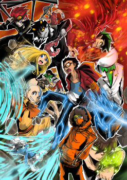 1girl 6+boys aang american_dragon_jake_long avatar:_the_last_airbender avatar_legends bald baseball_cap ben_10 ben_tennyson black_coat black_hair blonde_hair blue_eyes blue_shirt blue_skin bow bowtie brown_gloves brown_hair capelet character_request coat colored_sclera colored_skin commentary_request copyright_request crossover dark-skinned_male dark_skin dc_comics debris electricity fire formal_clothes fur-trimmed_hood fur_trim generator_rex gloves goggles goggles_on_eyes goggles_on_head green_bow green_bowtie green_eyes green_hair green_shirt grey_hat grey_skin grin hands_in_pockets hat highres homestuck hood hood_up hoodie jacket jake_long kenny_mccormick long_hair mask mechanical_arms multiple_boys multiple_crossover nine_(ninevsnine) omnitrix open_mouth orange_capelet orange_goggles orange_hoodie popped_collar red_hair red_jacket rex_salazar rock sharp_teeth shirt short_hair smile smurf south_park suit teen_titans teeth terra_(dc) the_smurfs transformation two-tone_shirt white_hat white_jacket white_shirt yellow_eyes yellow_sclera