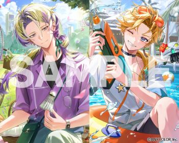 2boys alternate_costume aqua_eyes badminton_racket bag beach_umbrella bicycle black_choker black_shirt black_shorts blonde_hair blue_eyes building choker claude_clawmark closed_mouth cloud collarbone copyright_notice curtained_hair day drawstring duck_x805 earrings eyewear_hang eyewear_on_head feet_out_of_frame grass green_ribbon grin hair_between_eyes hair_bun hair_over_shoulder hair_ribbon holding holding_shuttlecock holding_water_gun hood hood_down hooded_jacket innertube jacket jewelry long_hair looking_at_viewer low_ponytail male_focus mismatched_earrings mole mole_under_mouth multicolored_eyes multicolored_hair multiple_boys nijisanji nijisanji_en no_shirt non-humanoid_robot official_art one_eye_closed orange-tinted_eyewear outdoors palm_tree pants parted_bangs partially_unzipped pendant picnic_basket ponytail pool purple_eyes purple_hair purple_jacket racket ribbon robot sample_watermark shirt short-sleeved_jacket short_hair short_sleeves shorts shoulder_bag shuttlecock sitting smile soap_bubbles split_screen star_(symbol) star_earrings star_print streaked_hair sunglasses swim_ring tentapod_(yu_q._wilson) tinted_eyewear tree two-tone_eyes umbrella unworn_eyewear upper_body virtual_youtuber water water_gun watermark white_jacket white_pants wing_collar yu_q._wilson