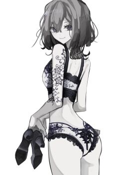 1girl bra character_request copyright_request flower_tattoo from_behind greyscale high_heels highres holding holding_shoes holding_unworn_clothes lace lace-trimmed_bra lace-trimmed_panties lace_trim looking_at_viewer medium_hair monochrome panties shoes shoulder_blades shoulder_tattoo simple_background smile solo tattoo underwear underwear_only unworn_shoes wowari_00