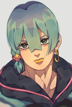 1boy black_hood blue_hair braid closed_mouth commentary_request earrings green_eyes green_hair grey_background hair_between_eyes hair_ornament highres hood hood_down hooded_overalls jewelry jodio_joestar jojo_no_kimyou_na_bouken long_bangs looking_at_viewer male_focus multicolored_hair orange_lips portrait short_hair side_braid simple_background single_braid single_earring siniy solo star_(symbol) star_hair_ornament the_jojolands two-tone_hair