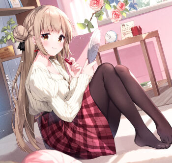 1girl alarm_clock black_pantyhose black_ribbon blush brown_hair buttons cardigan clock closed_mouth commentary_request cosmetics flower full_body hair_bun hair_ribbon holding holding_lipstick_tube holding_mirror inodors irori juliet_sleeves knees_up lipstick_tube long_hair long_sleeves looking_at_viewer mirror no_shoes original pantyhose pink_flower pink_rose plaid_clothes plaid_skirt puffy_sleeves red_skirt ribbon rose sidelocks sitting skirt smile solo white_cardigan yellow_eyes