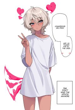 1girl absurdres ahoge arm_behind_back blue_eyes commentary drawn_tail english_commentary english_text grey_hair hair_between_eyes hakimen hand_up heart highres miika_(hakimen) o3o off-shoulder_shirt off_shoulder original oversized_clothes oversized_shirt shirt short_hair short_sleeves simple_background solo speech_bubble standing thighs v white_background white_shirt