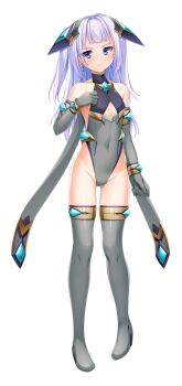 Rule 34 | 1girl, bare shoulders, blue eyes, blush, boots, bracelet, breasts, casual, chest jewel, closed mouth, clothing cutout, covered navel, earrings, elbow gloves, exs-tia guilt, flat chest, full body, game cg, gloves, gluteal fold, grey gloves, grey leotard, grey thighhighs, groin, hair ornament, headgear, highleg, highleg leotard, jewelry, kamitsurugi ouka, kouyoku senki exs-tia concert, large variant set, leotard, long hair, looking at viewer, magical girl, non-web source, official art, pigeon-toed, purple hair, simple background, small breasts, solo, standing, sugahara mifuyu, tachi-e, thigh boots, thighhighs, transparent background, two side up, underboob cutout, variant set