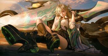 1girl aqua_necktie artist_name black_shoes black_skirt black_socks blonde_hair breasts commentary earrings evening hair_ornament highres id_card jewelry jvn long_hair looking_at_viewer lynae_(wuthering_waves) medium_breasts motor_vehicle motorcycle necktie outdoors parted_lips purple_eyes shirt shirt_tucked_in shoes sitting skirt skull_hair_ornament smile socks solo star_(symbol) star_earrings thighs white_shirt wuthering_waves