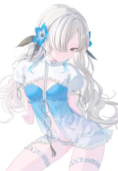 1girl adapted_costume babydoll blue_eyes blue_hair breasts expressionless flower frilled_thigh_strap hair_flower hair_ornament hair_over_one_eye highres isekaijoucho kamitsubaki_studio kumano_yume long_hair looking_at_viewer panties small_breasts solo thigh_strap underwear very_long_hair virtual_youtuber white_hair white_panties