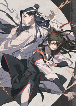 2boys aged_down between_fingers black_hair black_hanfu brown_eyes chinese_clothes chinese_text commission fighting_stance fire floating_hair grey_pants grey_shirt hair_ribbon hanfu headband highres holding holding_ofuda holding_string lan_wangji long_hair long_sleeves looking_at_viewer looking_back male_focus modao_zushi multiple_boys official_alternate_costume ofuda ofuda_between_fingers open_mouth pants ponytail profile red_ribbon ribbon robe second-party_source shirt shuangshou_shimingle_meibanfa sketch smile standing string talisman topknot tunic wei_wuxian wei_wuxian_(yunmeng_clan) white_hanfu white_headband wide_sleeves xiao_guan_(headdress)