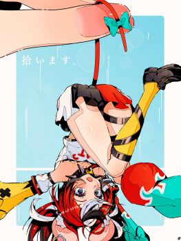 1girl absurdres animal_ears aqua_bow asymmetrical_sleeves black_hair black_shoes black_skirt blue_background blue_eyes border bow collar commentary crop_top english_commentary giaggiolo hakos_baelz hakos_baelz_(1st_costume) highres holding_another's_tail hololive hololive_english mini_person minigirl miniskirt mismatched_sleeves mouse_ears mouse_girl mouse_tail multicolored_hair multicolored_skirt open_mouth red_hair red_skirt shirt shoes short_hair skirt socks spiked_collar spikes streaked_hair tail tail_bow tail_ornament translation_request twintails upside-down virtual_youtuber white_border white_hair white_shirt white_skirt yellow_socks