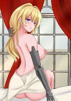 1girl ass blonde_hair blue_eyes bre breasts female_focus from_behind large_breasts long_hair looking_at_viewer looking_back machine monochrome nipples sidelocks sitting solo violet_evergarden violet_evergarden_(series) window