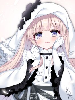 Rule 34 | 1girl, blonde hair, blunt bangs, blush, cross, cross earrings, dress, earrings, frilled dress, frills, gloves, hands up, highres, hikami meruru, jewelry, long hair, long sleeves, looking at viewer, mahou shoujo no majo saiban, open mouth, priestess, purple eyes, shikito (yawa0w0), simple background, solo, tearing up, upper body, veil, white background, white dress, white gloves, white veil