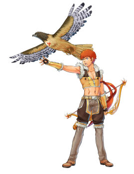 Rule 34 | 1boy, amuro ray, bird, blue eyes, bow (weapon), brown gloves, brown shirt, brown shoes, brown shorts, commentary request, cosplay, crop top, fingerless gloves, full body, fur-trimmed gloves, fur-trimmed shirt, fur-trimmed shorts, fur trim, gloves, grey pants, gundam, hawk, holding, holding bow (weapon), holding weapon, kakyoi, looking afar, male focus, midriff, mobile suit gundam, navel, open mouth, orange hair, pants, pants under shorts, ragnarok online, shirt, shoes, short hair, shorts, simple background, sleeveless, sleeveless shirt, sniper (ragnarok online), sniper (ragnarok online) (cosplay), solo, two-tone gloves, two-tone shirt, weapon, white background, yellow gloves, yellow shirt