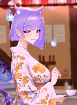 1girl absurdres blurry blurry_background breasts closed_mouth commentary_request cup floral_print floral_print_kimono hair_ornament highres indie_virtual_youtuber japanese_clothes kimono lips mole mole_under_eye muton_(muton82) onatsu_no_nibitashi_(vtuber) print_kimono purple_eyes purple_hair purple_nails ribbon short_hair tail tail_ornament tail_ribbon virtual_youtuber white_kimono will-o'-the-wisp_(mythology)