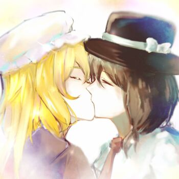 2girls black_hat black_ribbon blonde_hair bow brown_hair closed_eyes collared_shirt hair_between_eyes hair_ribbon hat hat_bow highres kiss maribel_hearn medium_hair mob_cap multiple_girls necktie purple_shirt red_necktie ribbon shirt short_hair touhou usami_renko white_background white_hat white_shirt yukitimaki yuri