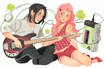Rule 34 | 2girls, black eyes, black hair, black pants, black shoes, clover, commentary, ear piercing, electric guitar, english commentary, four-leaf clover, grey shirt, guitar, hair ornament, hairclip, headphones, high heels, highres, holding, holding guitar, holding instrument, instrument, kininatteru hito ga otoko ja nakatta, koga mitsuki, layered shirt, long hair, mole, mole under eye, multiple girls, oosawa aya, pandesaii, pants, piercing, pink eyes, pink hair, polka dot, red shoes, red shorts, red tank top, shirt, shoes, shorts, smile, tank top, tape recorder, white shirt