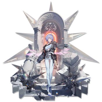 1girl arknights artist_request blue_hair bound bound_toes breasts detached_wings energy_wings gloves grey_eyes halo highres holding jacket long_sleeves looking_at_viewer official_alternate_hairstyle pants short_hair smile solo source_request spuria_(arknights) wings