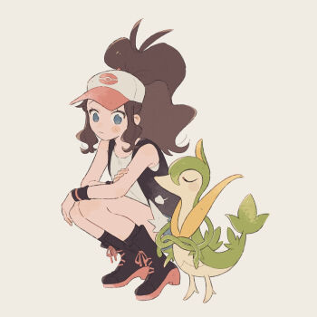 Rule 34 | 1girl, baseball cap, black socks, black vest, blue eyes, blush stickers, brown hair, closed eyes, closed mouth, commentary request, cutoffs, denim, denim shorts, exposed pocket, full body, gen 5 pokemon, hat, high ponytail, highres, hilda (pokemon), hime (himetya105), leaf, long hair, nintendo, open clothes, open vest, plant, poke ball print, pokemon, pokemon (creature), pokemon bw, ponytail, servine, shirt, shorts, sidelocks, simple background, socks, squatting, tail, vest, vines, white shirt, wristband