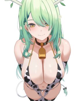 1girl animal_print antlers bell bikini black_collar breasts ceres_fauna cleavage closed_mouth collar cow_print cow_print_bikini cow_print_bridal_gauntlets cow_tail cowbell flower green_hair hair_flower hair_ornament highres hololive hololive_english horns large_breasts mole mole_under_eye navel neck_bell print_bikini print_bridal_gauntlets si_farid smile solo stomach swimsuit tail virtual_youtuber yellow_eyes