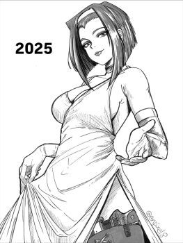 1girl breasts cleavage commentary cowboy_bebop dated dress elbow_gloves english_commentary faye_valentine gloves greyscale gun handgun headband highres holster jon_kneeland looking_at_viewer medium_hair monochrome side_slit signature simple_background skirt_hold solo thigh_holster weapon