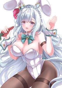 Rule 34 | 1girl, absurdres, animal ears, aqua bow, aqua bowtie, armband, bare shoulders, blue hair, blush, bow, bowtie, braid, breasts, brown pantyhose, carrot, cleavage, commentary request, crown braid, detached collar, ear covers, green bow, green bowtie, highres, holding, holding carrot, horse girl, horse tail, kentan (kingtaiki), large breasts, leotard, long hair, looking at viewer, mejiro ardan (umamusume), nontraditional playboy bunny, open mouth, pantyhose, playboy bunny, purple eyes, rabbit ears, rabbit pose, rabbit tail, simple background, smile, solo, strapless, strapless leotard, tail, thighband pantyhose, umamusume, white background, white leotard, white wrist cuffs, wrist cuffs
