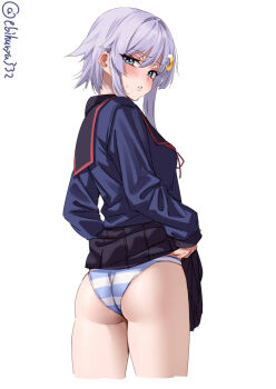 1girl artist_name ass blue_eyes blue_panties blue_shirt blush breasts clothes_lift commentary_request crescent crescent_hair_ornament cropped_legs ebifurya from_behind hair_between_eyes hair_intakes hair_ornament highres kantai_collection lifting_own_clothes long_sleeves looking_at_viewer looking_back neck_ribbon one-hour_drawing_challenge panties parted_lips pleated_skirt purple_hair ribbon sailor_collar shirt sidelocks simple_background skirt skirt_lift small_breasts solo striped_clothes striped_panties sweat thighs twitter_username underwear white_background yayoi_(kancolle)