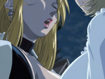 00s 2007 2girls american animated animated_gif bible_black bible_black_new_testament blonde_hair blue_eyes bouncing_breasts breasts cleavage coat covered_erect_nipples jody_crowley lab_coat large_breasts lipstick long_hair makeup midriff multiple_girls navel open_clothes open_coat open_mouth pink_lips ponytail purple_eyes saeki_kaori shin_bible_black short_hair sideboob surprised sweat tagme teeth