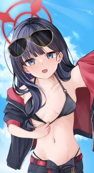 1girl absurdres bikini bikini_top_pull bikini_under_clothes black_bikini black_eyes black_hair black_jacket black_shorts black_wings blue_archive blue_sky breasts cloud collarbone commentary_request day eyewear_on_head halo highres ichika_(blue_archive) ichika_(swimsuit)_(blue_archive) jacket kurota_kuroki long_hair looking_at_viewer navel o-ring o-ring_bikini official_alternate_costume open_clothes open_fly open_jacket open_mouth open_shorts outdoors pulling_own_clothes red_halo short_shorts shorts sky small_breasts smile solo stomach sunglasses swimsuit unusually_open_eyes wings