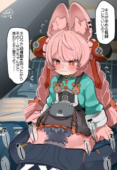 1boy 1girl :3 animal_ear_fluff animal_ear_piercing animal_ears black_dress blue_jacket blush braid braided_twintails bright_pupils closed_mouth commentary_request dated dress face_in_crotch flying_sweatdrops furry furry_female green_shirt hair_ornament head_under_another's_clothes hetero highres jacket on_bed pinafore_dress pink_fur rabbit_ears rabbit_girl red_eyes screw shirt short_eyebrows sitting sleeveless sleeveless_dress speech_bubble sphere_hair_ornament sweat thick_eyebrows translation_request under_another's_clothes white_pupils wise_(zenless_zone_zero) ygdm zenless_zone_zero zhao_(zenless_zone_zero)