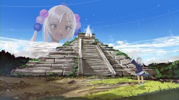 1other 2girls :d advarcher androgynous architecture arm_up aztec blonde_hair blue_hoodie blue_skirt dark-skinned_female dark_skin field fins fish_tail forest from_behind gawr_gura giant giantess hair_ornament halo hand_up highres hololive hololive_english hood hood_down hoodie light_brown_hair long_hair long_sleeves looking_at_another mayan mayan_mythology meme mesoamerican_architecture mexico multiple_girls nature omega_alpha open_mouth planet_hair_ornament pyramid_(structure) shark_tail sidelocks skirt sleeves_past_wrists smile standing tail triangle_halo tsukumo_sana twintails very_long_hair virtual_youtuber waving white_hair wide_sleeves yellow_eyes