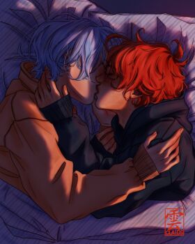 2boys adam&#039;s_apple bed_sheet black_hoodie blue_hair claids closed_eyes commentary english_commentary freckles french_kiss from_side hasegawa_langa highres hood hoodie kiss kyan_reki lips long_sleeves male_focus multiple_boys on_bed orange_hoodie red_hair short_hair sk8_the_infinity sunlight upper_body yaoi