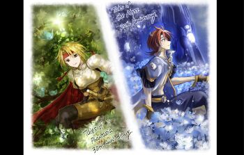 Rule 34 | 2boys, anniversary, armor, belt, bird, black pants, blonde hair, brown gloves, cape, commentary request, cress albane, falling petals, feet out of frame, field, fingerless gloves, flower, flower field, from side, gloves, grass, headband, highres, ikuratoro225784, jacket, leaf, looking at viewer, luke fon fabre, male focus, mountain, multiple boys, nature, night, outdoors, pants, petals, profile, red cape, red hair, red headband, sheath, sheathed, short hair, short sleeves, shoulder armor, sitting, sword, tales of (series), tales of phantasia, tales of the abyss, weapon, white flower, white jacket, white petals