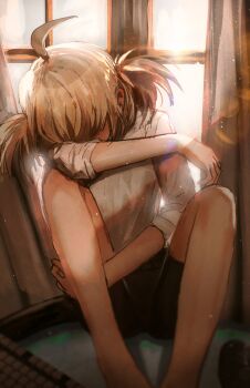 1girl absurdres advarcher ahoge black_shorts brown_hair covered_eyes curtains depressed fetal_position gigi_murin head_rest highres hololive hololive_english knees_up light_particles medium_hair on_floor shirt short_sleeves short_twintails shorts sitting solo twintails virtual_youtuber white_shirt window window_light