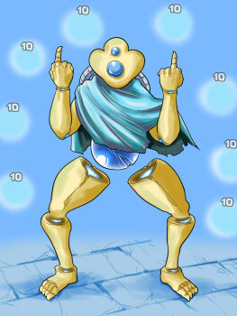 Rule 34 | blue background, blue gemstone, commentary request, double middle finger, energy orb, full body, gem, golem, highres, itini-sanshi, middle finger, no humans, slay the spire, standing, the defect