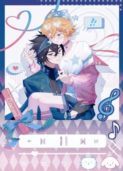 ! 2boys absurdres ahoge alternate_costume animal_hat aotu_world arm_belt artist_name belt bishounen black_gloves black_hair black_shirt black_shorts blonde_hair blue_belt blue_bow blue_eyes blue_hat blue_headband blue_jacket blue_ribbon blush bow carrying carrying_person cat_hat chinese_commentary choker closed_mouth earrings eighth_note english_text eyewear_on_head gloves hair_between_eyes hair_ornament hairclip hat headband heart heart-shaped_eyewear highres hongyeshiliu jacket jewelry king_(aotu_world) long_sleeves looking_at_another loose_socks male_focus multiple_boys musical_note nail_polish necklace off_shoulder open_clothes open_jacket parted_lips pendant_choker pink_choker pink_jacket pink_nails pink_ribbon pink_socks pointy_ears print_headband purple_eyes ray_(aotu_world) ribbon ring shirt short_hair shorts sitting sitting_on_lap sitting_on_person smile socks speech_bubble spoken_exclamation_mark star_(symbol) star_print sticker sunglasses turtleneck white_shirt yaoi